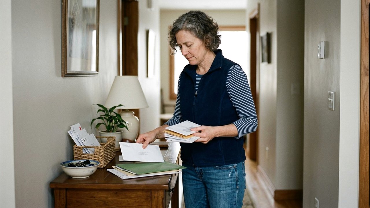 Woman in navy fleece sorting mail at a hallway console table