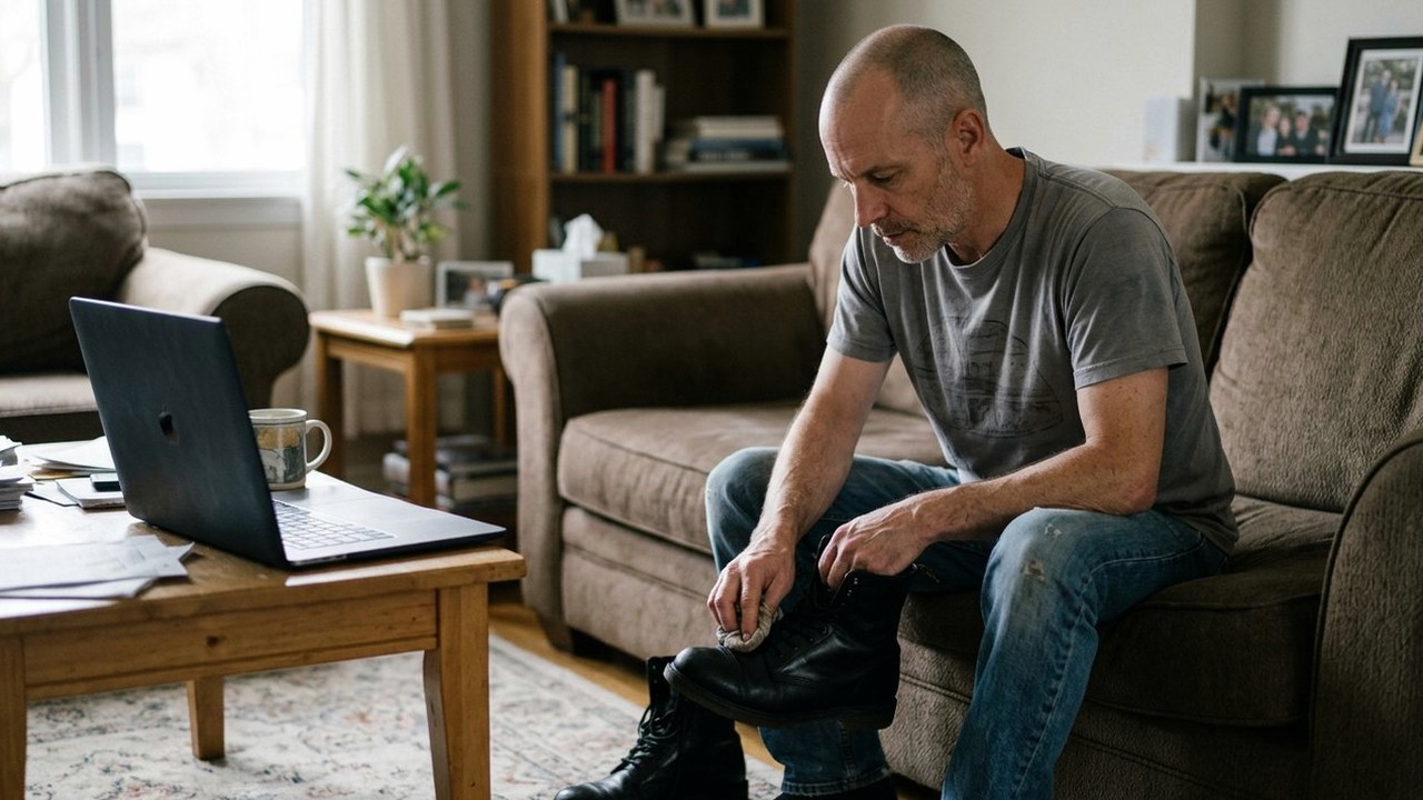 Man polishing black boots on sofa beside an open laptop