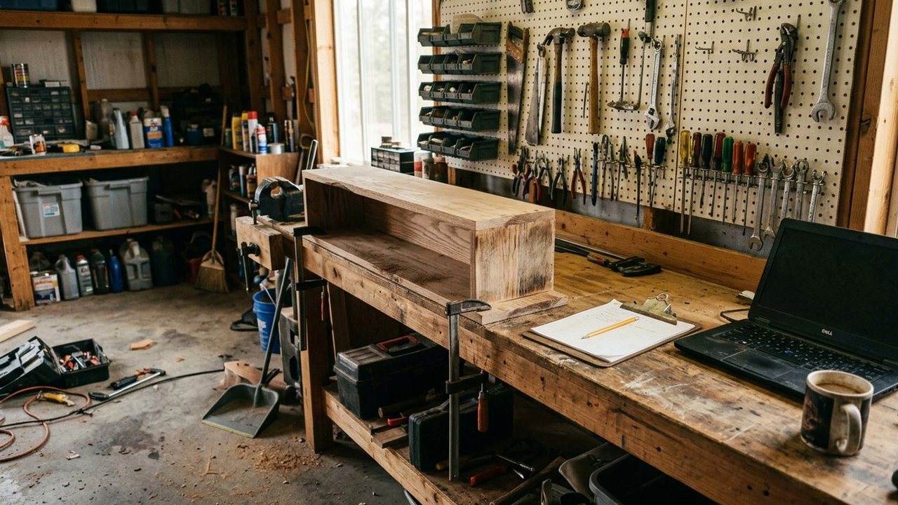 Empty garage workshop with clipboard, closed laptop and half-sanded shelf