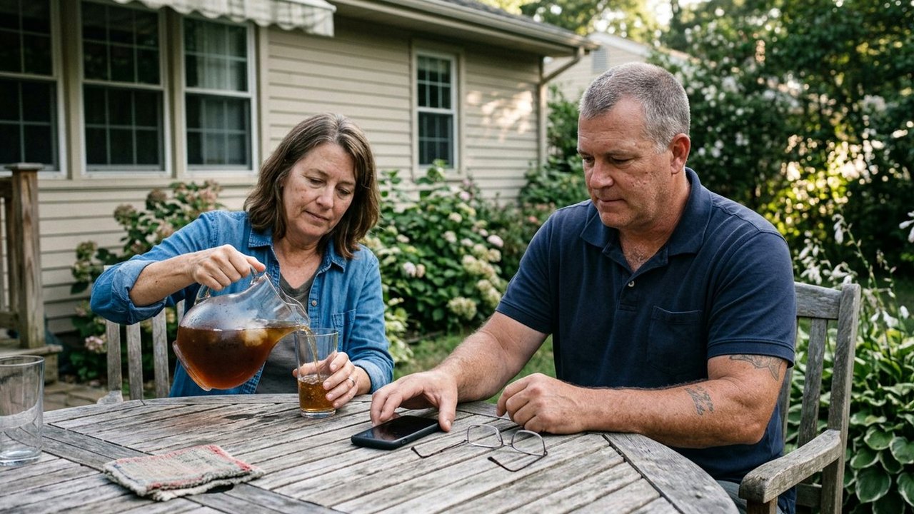 Veteran and his wife sharing iced tea at a garden table