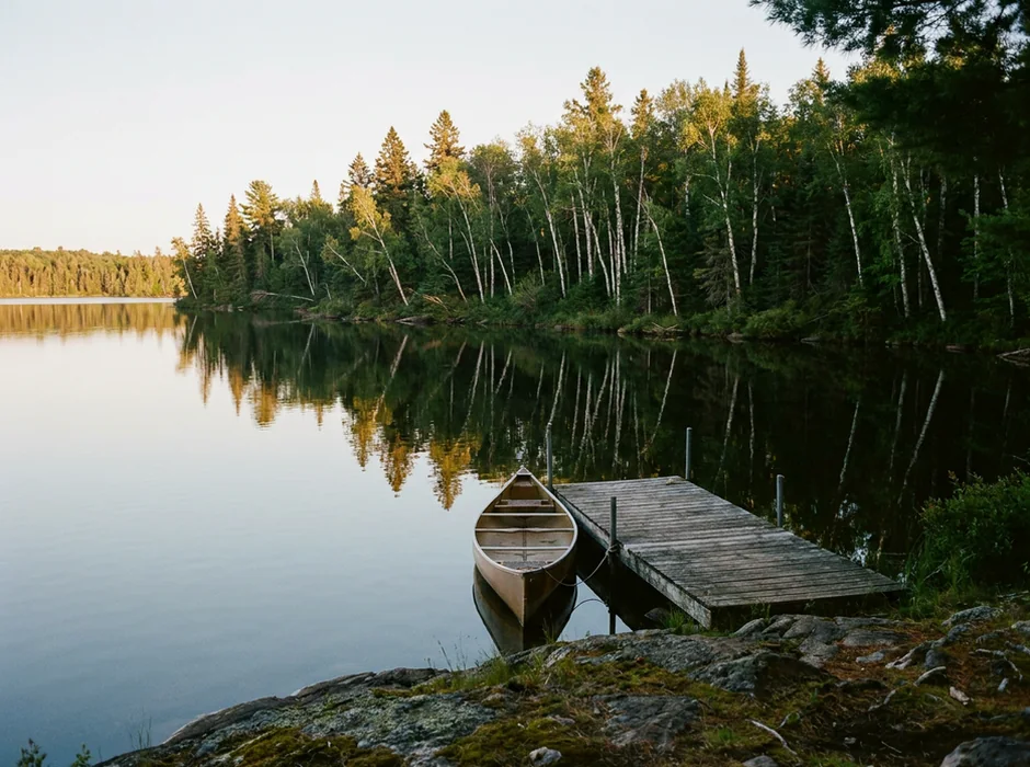Birch and pine trees along a lakeshore at dusk.