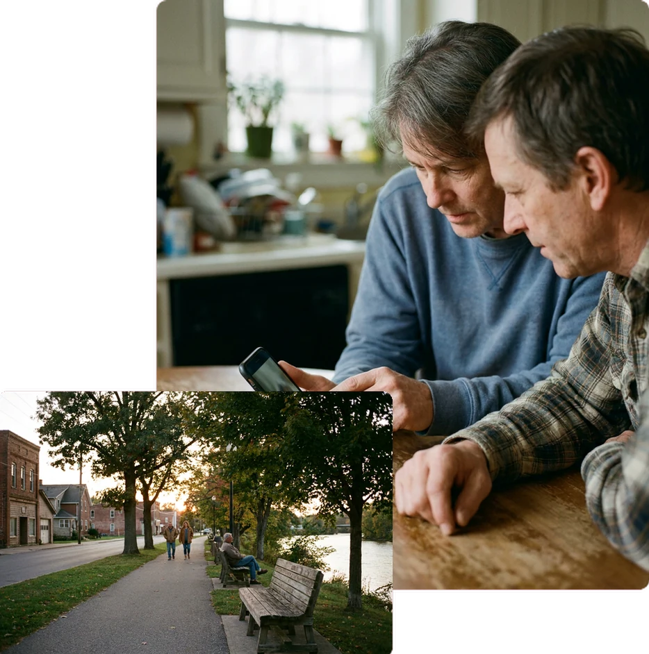 Two people look at a phone together, one pointing at the screen.