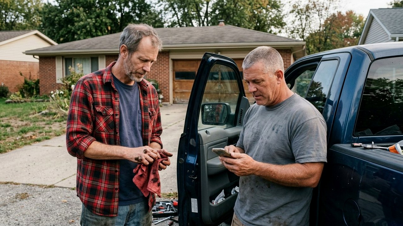 Two friends by a pickup, one reading on his phone