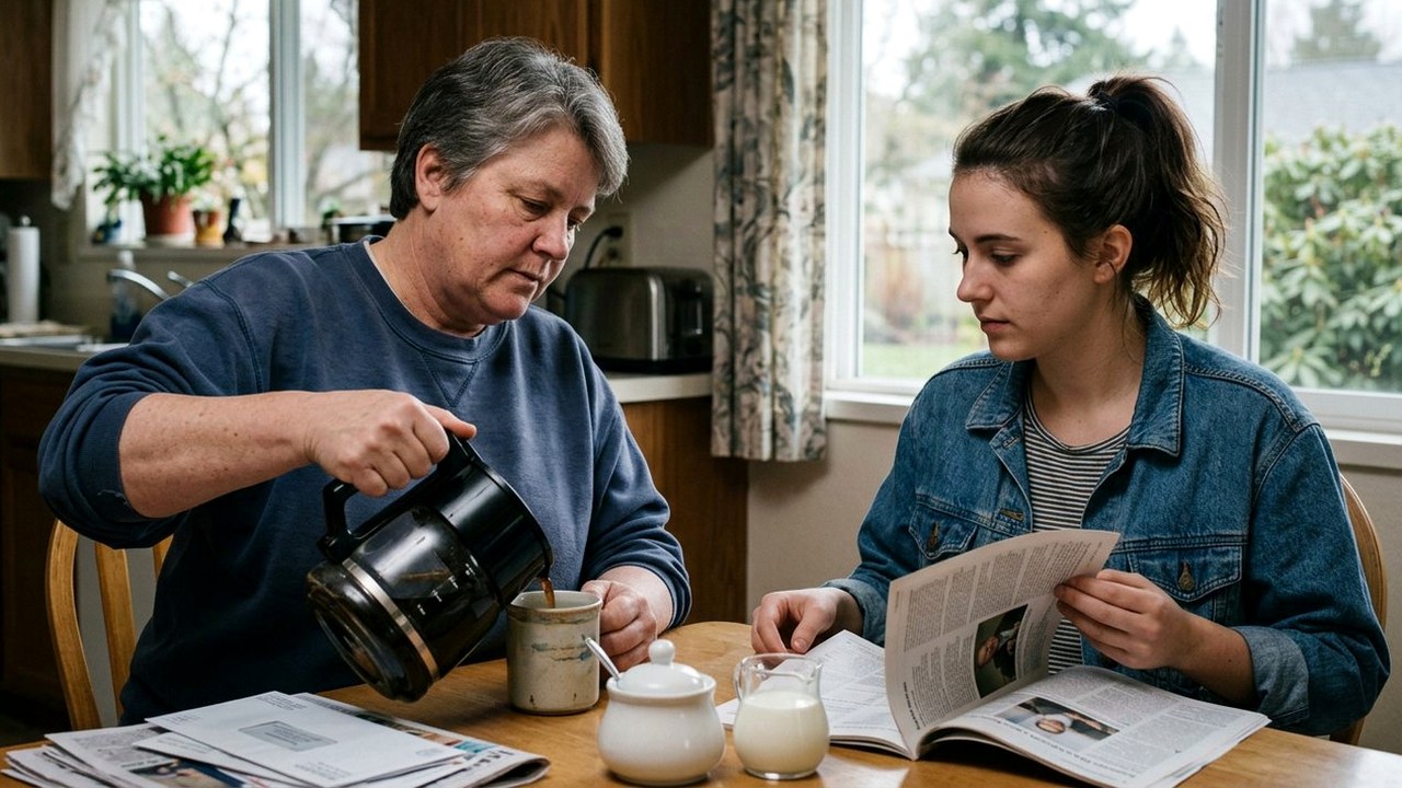 Veteran mother and adult daughter sharing coffee over a magazine