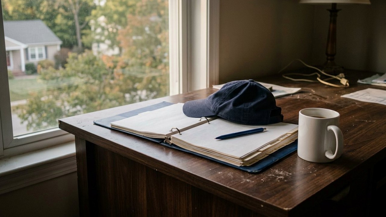 Open binder, ball cap and mug on a sunlit walnut desk