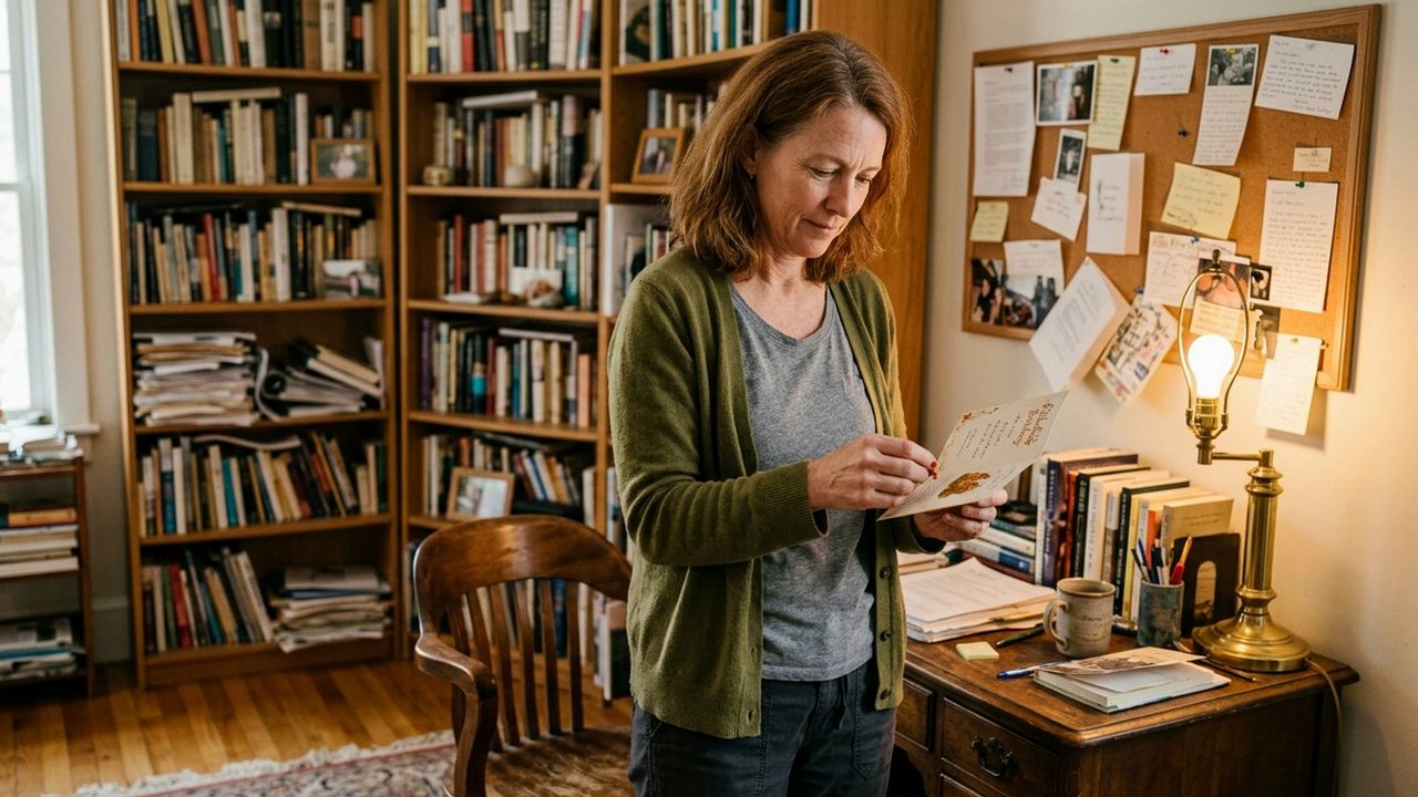 Woman pinning a birthday card to a cork board in a study