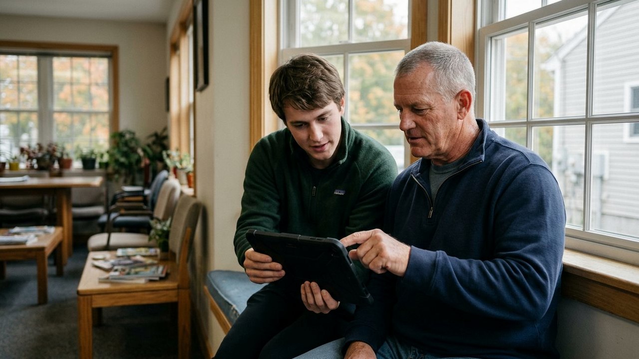 Veteran and younger colleague sharing a tablet in a window seat