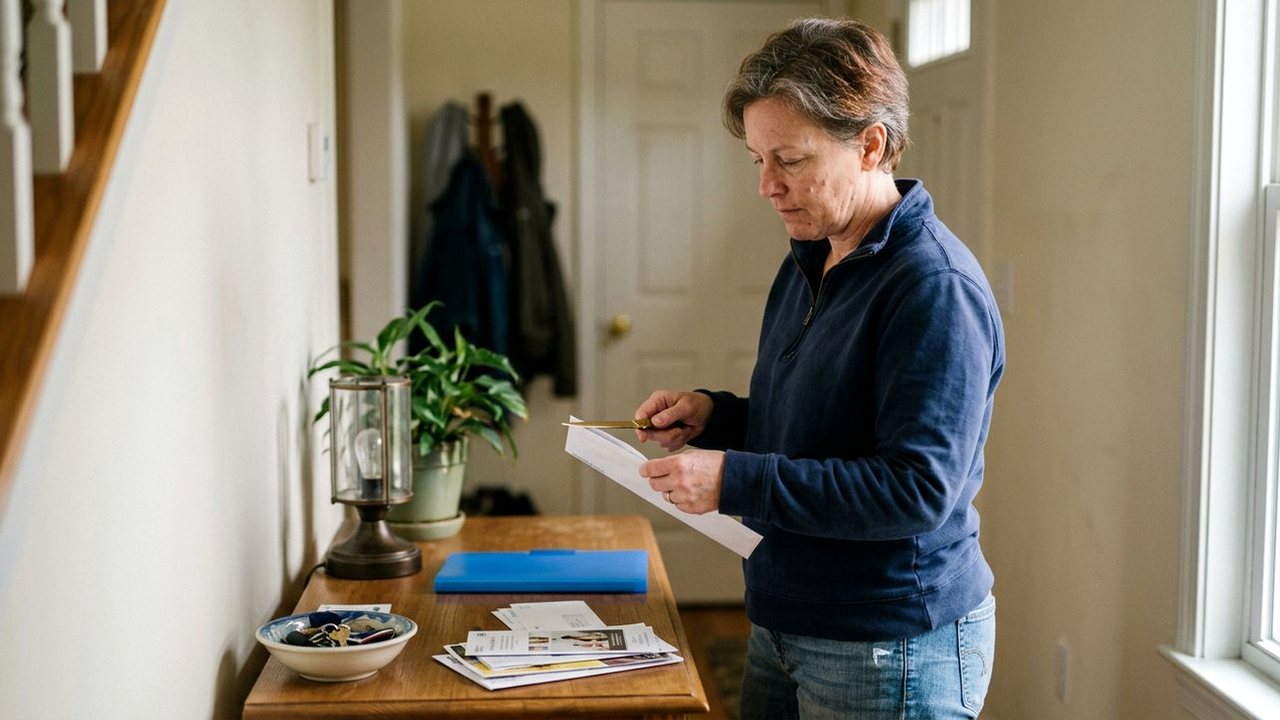 Woman opening a letter at a hallway console table beside a folder