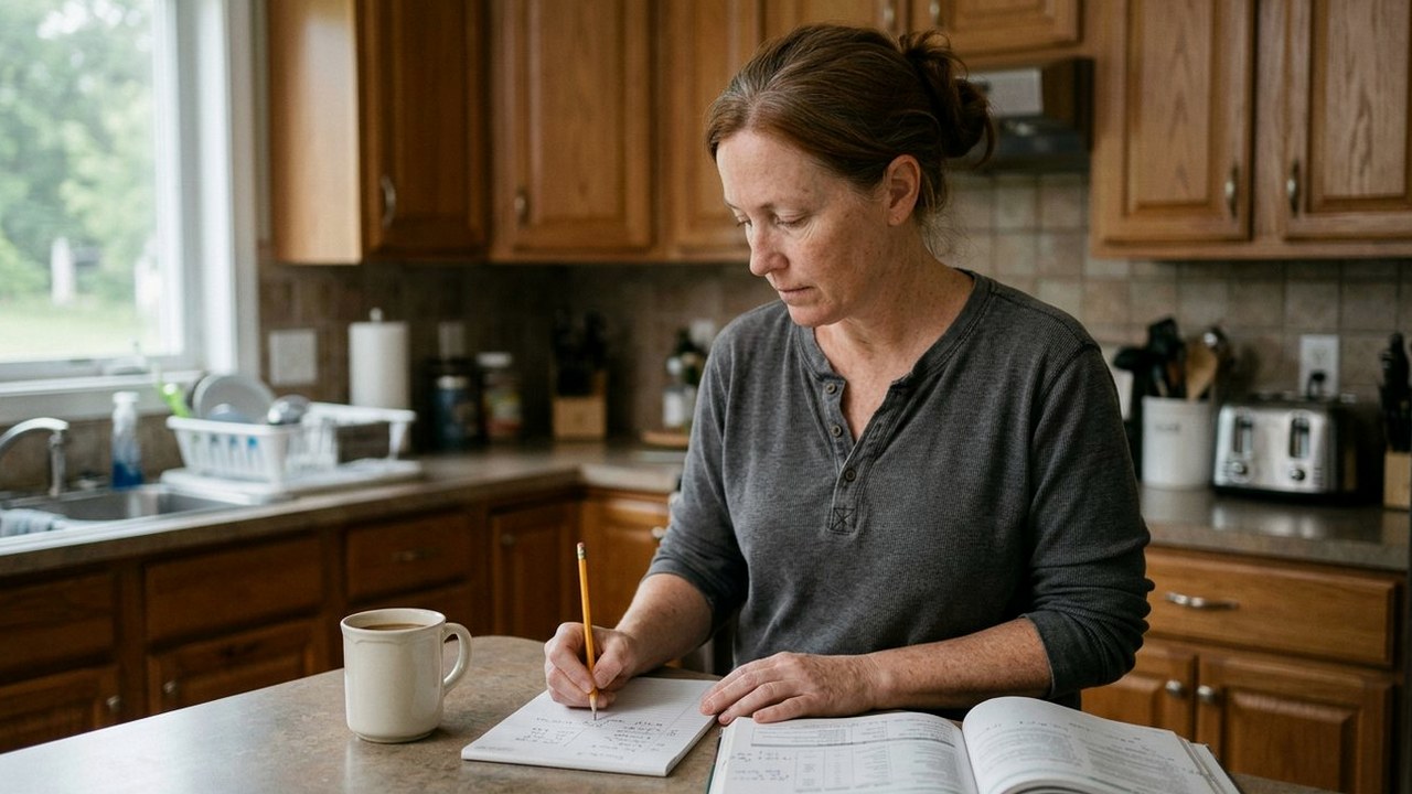 Woman at a kitchen island writing notes beside a planning book